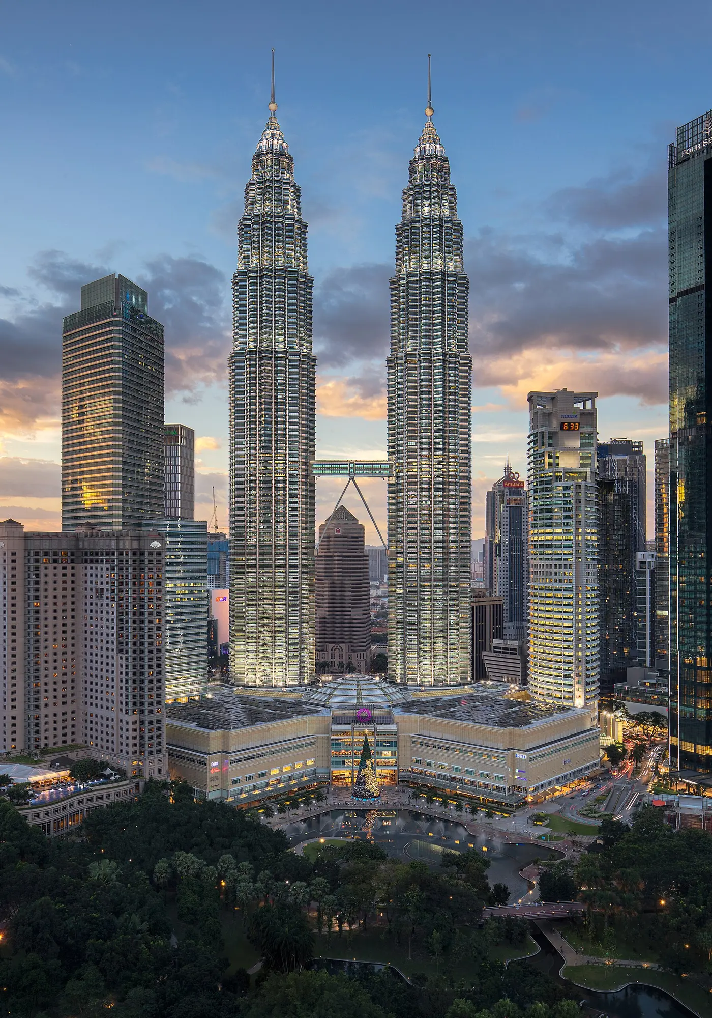 The Petronas Twin Towers and the Kuala Lumpur skyline at sunset
