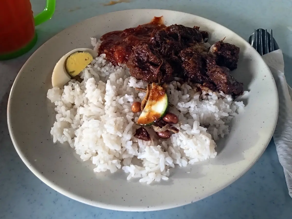 A plate of nasi lemak: white coconut rice with beef rendang, half a boiled egg, a slice of cucumber with sambal, peanuts and fried anchovies